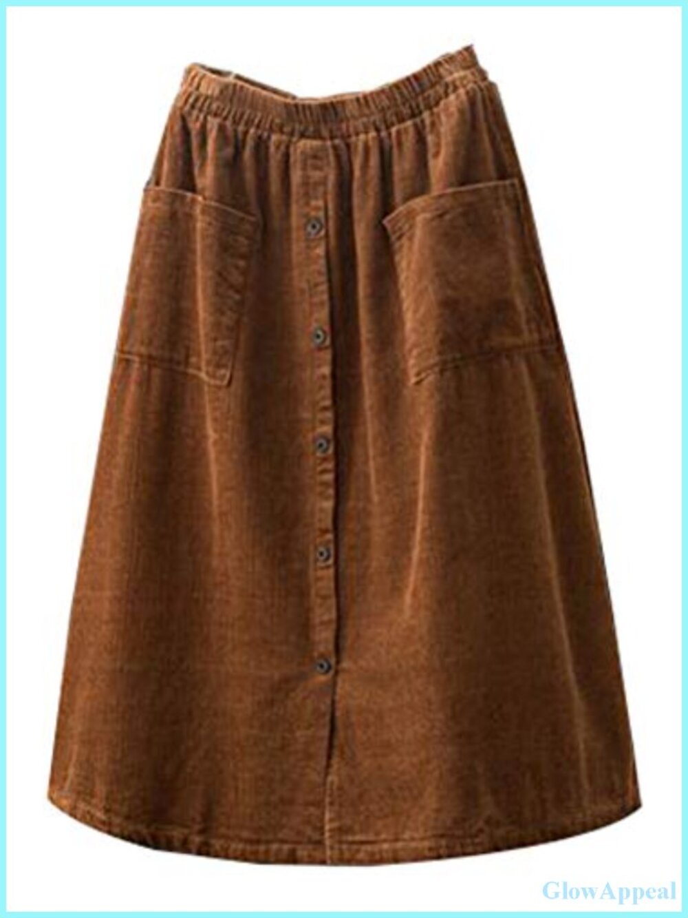 Corduroy Midi Skirt Front Split Buttons A-Line Below Knee
